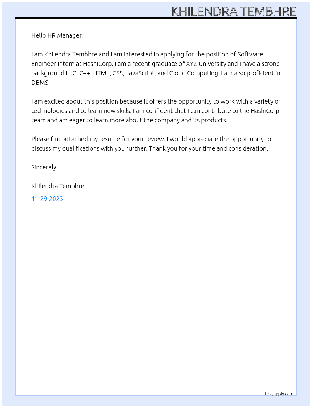 Software Engineer Intern At HashiCorp Cover Letter