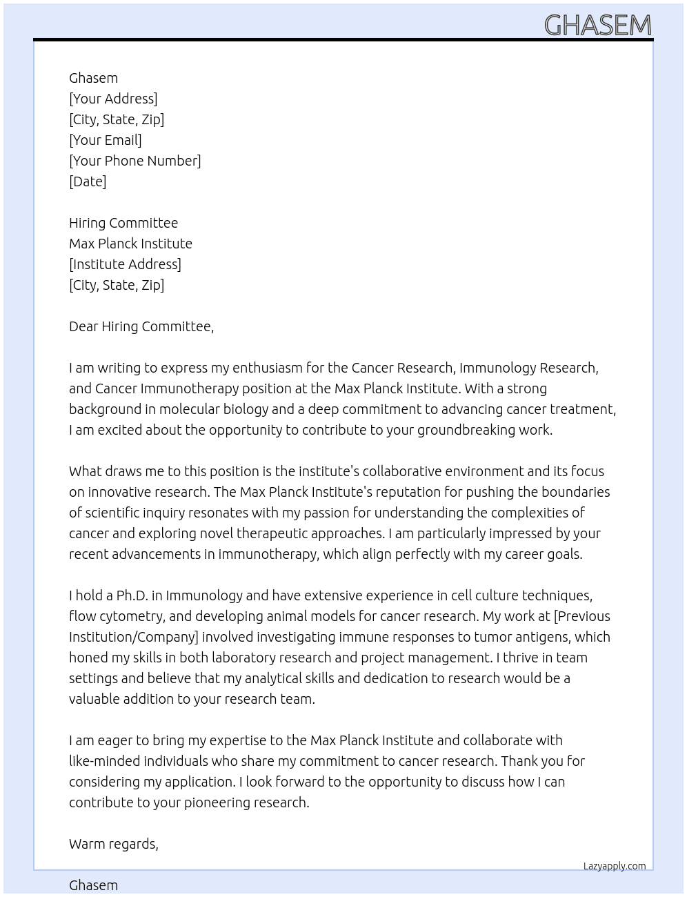 Cancer reseaech, Immunology research and cancer immunotherapy At Max Planck  Cover Letter