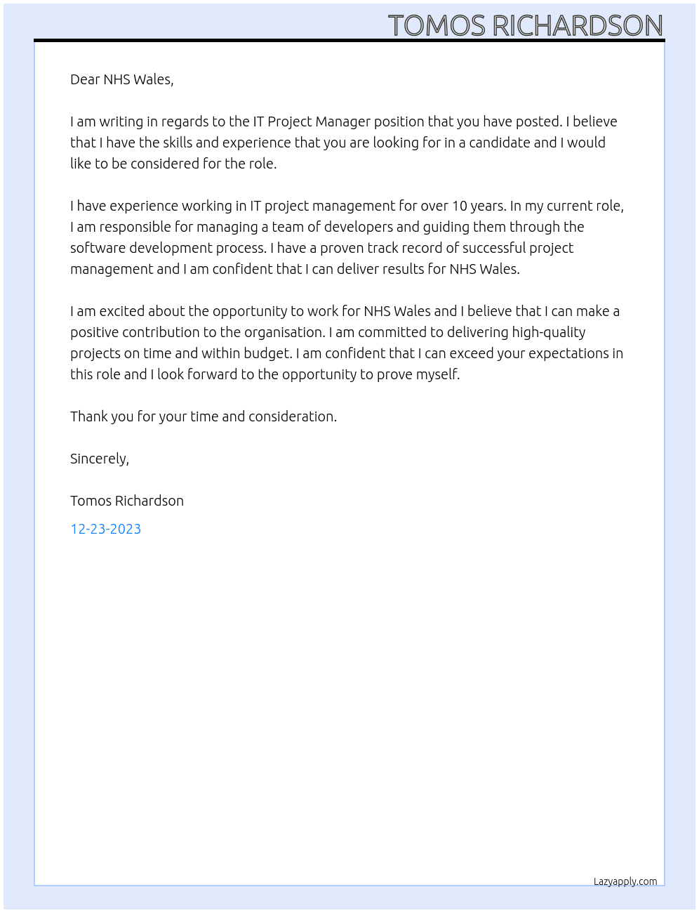 IT Project Manager At NHS Wales Cover Letter
