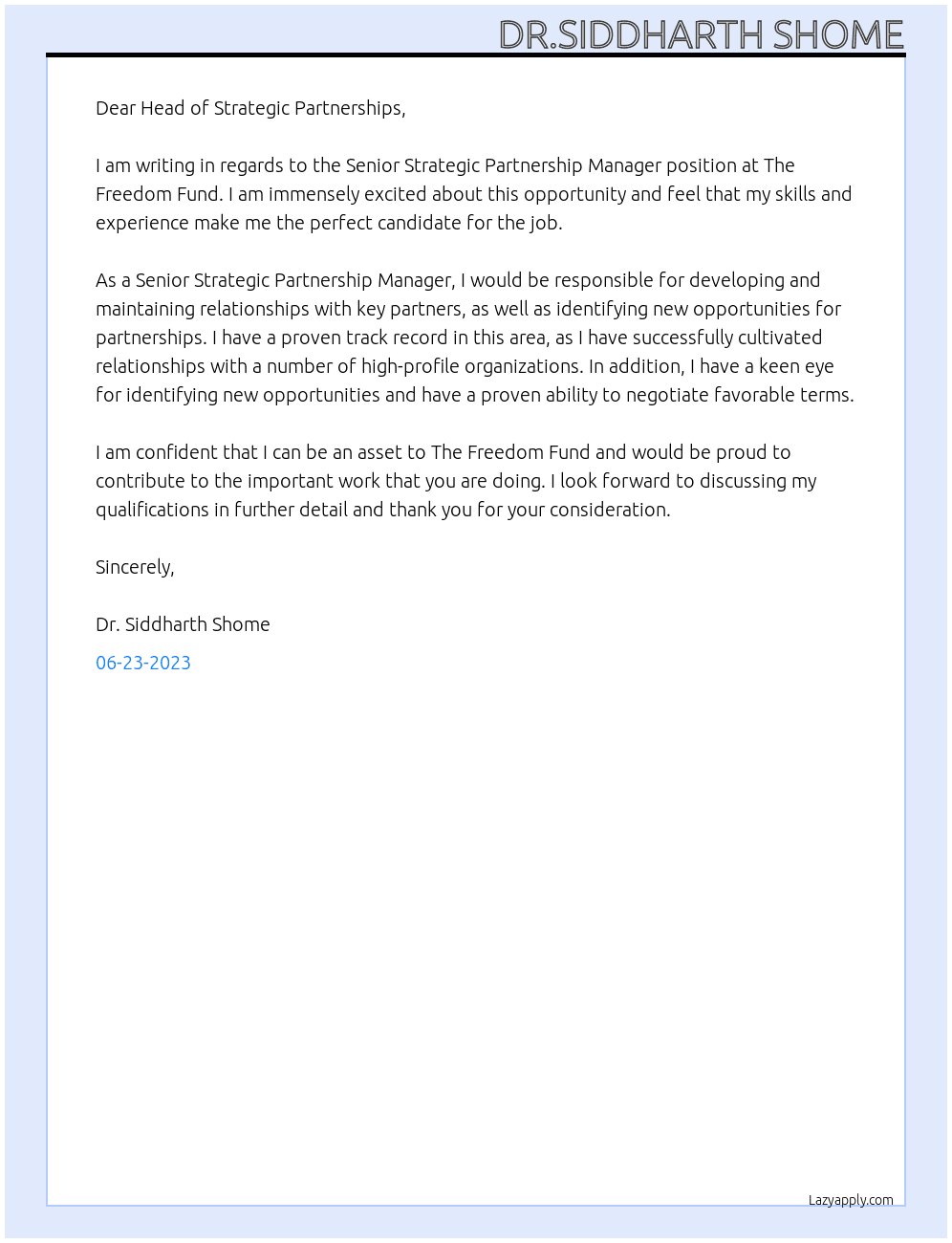 Senior Strategic Partnership Manager At The Freedom Fund Cover Letter