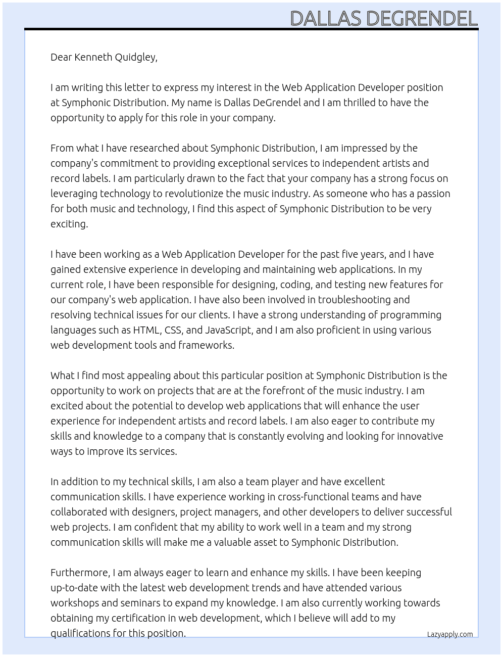 Web Application Developer At Symphonic Distribution Cover Letter