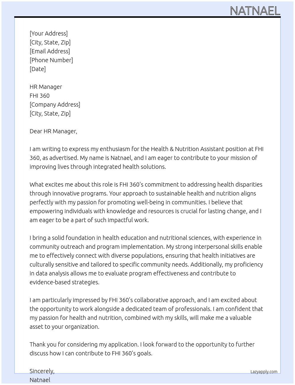 Health &nutrition assistant At FHI 360 Cover Letter