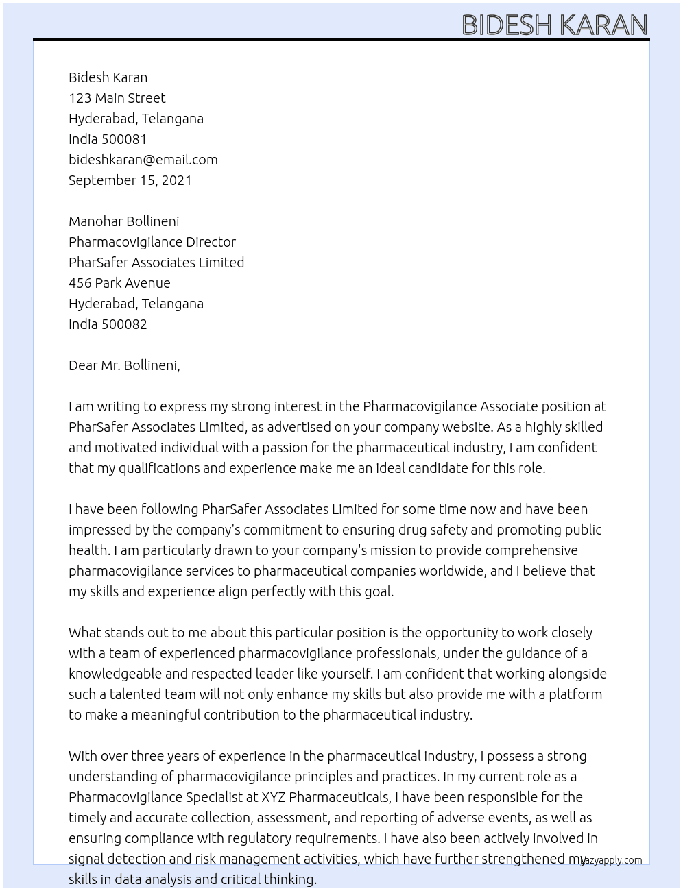 Pharmacovigilance associate At PharSafer Associates limited  Cover Letter