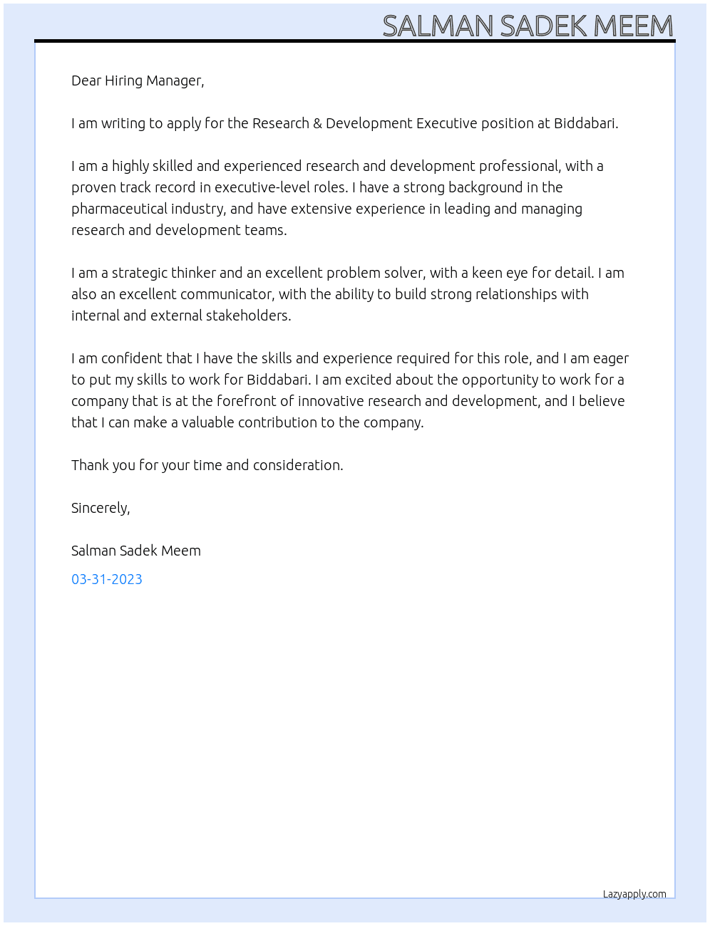 Research & Development Executive At Biddabari Cover Letter