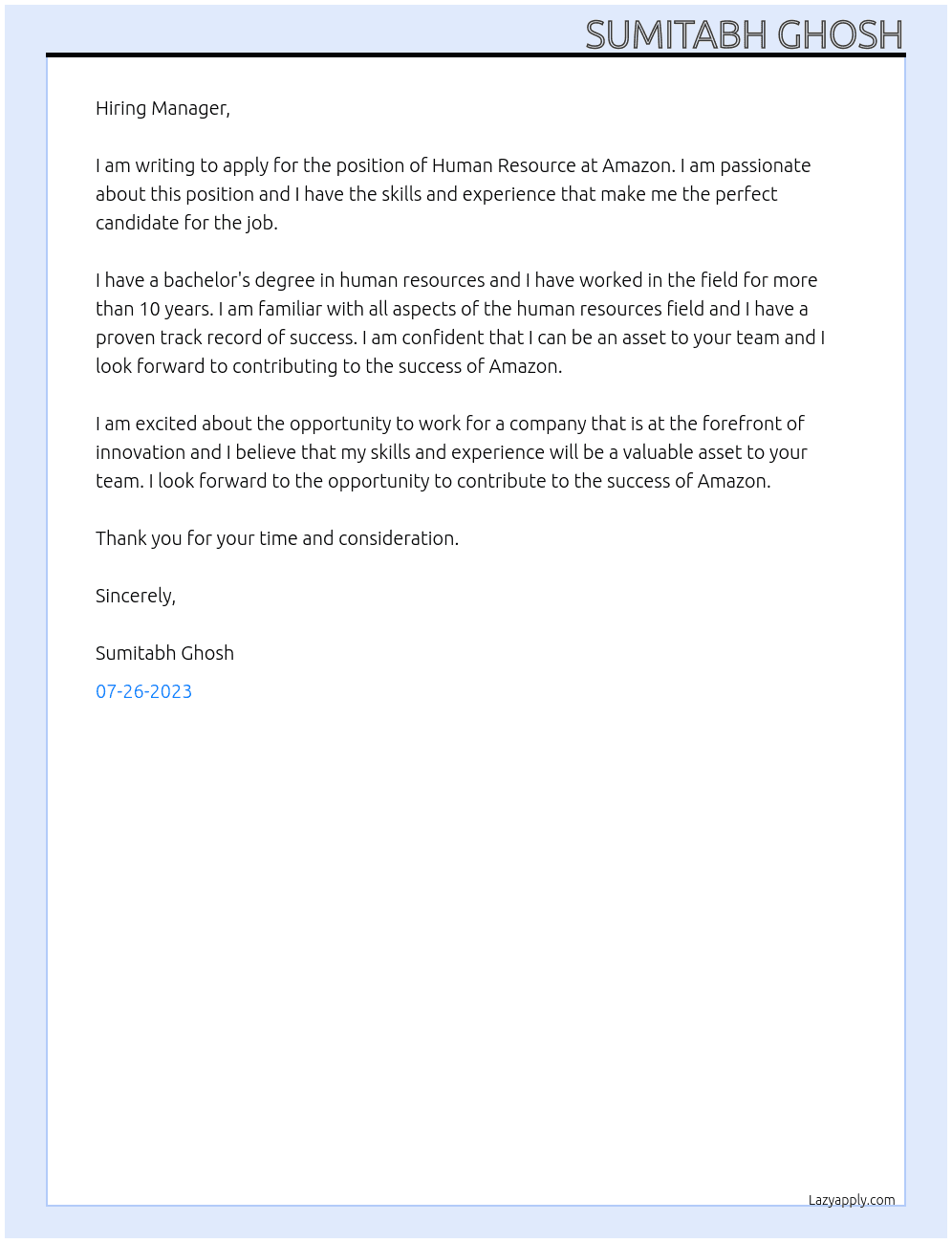 Human Resource  At Amazon Cover Letter