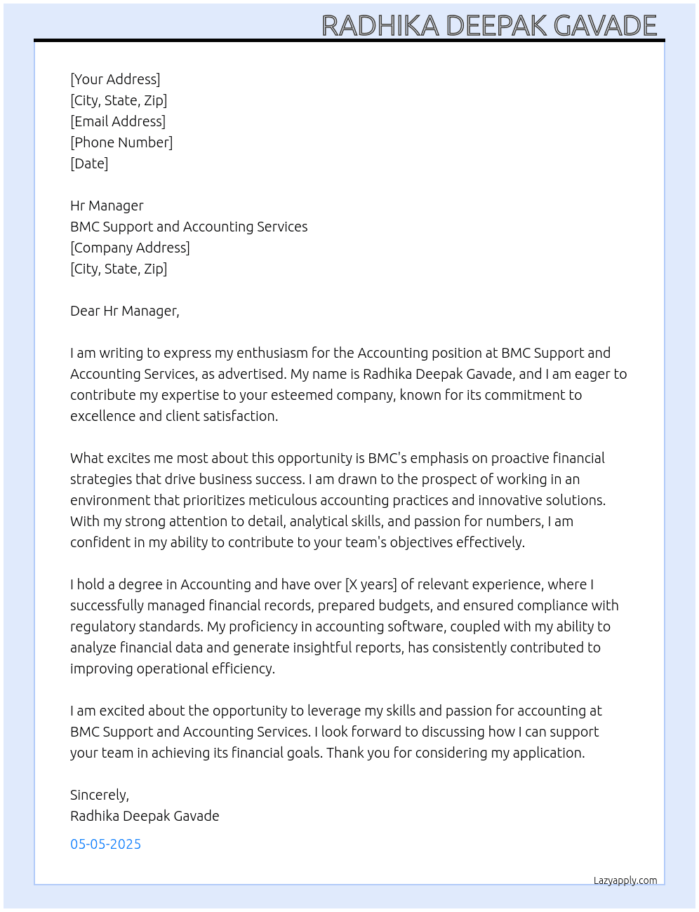 Accounting  At BMC support and accounting services Cover Letter