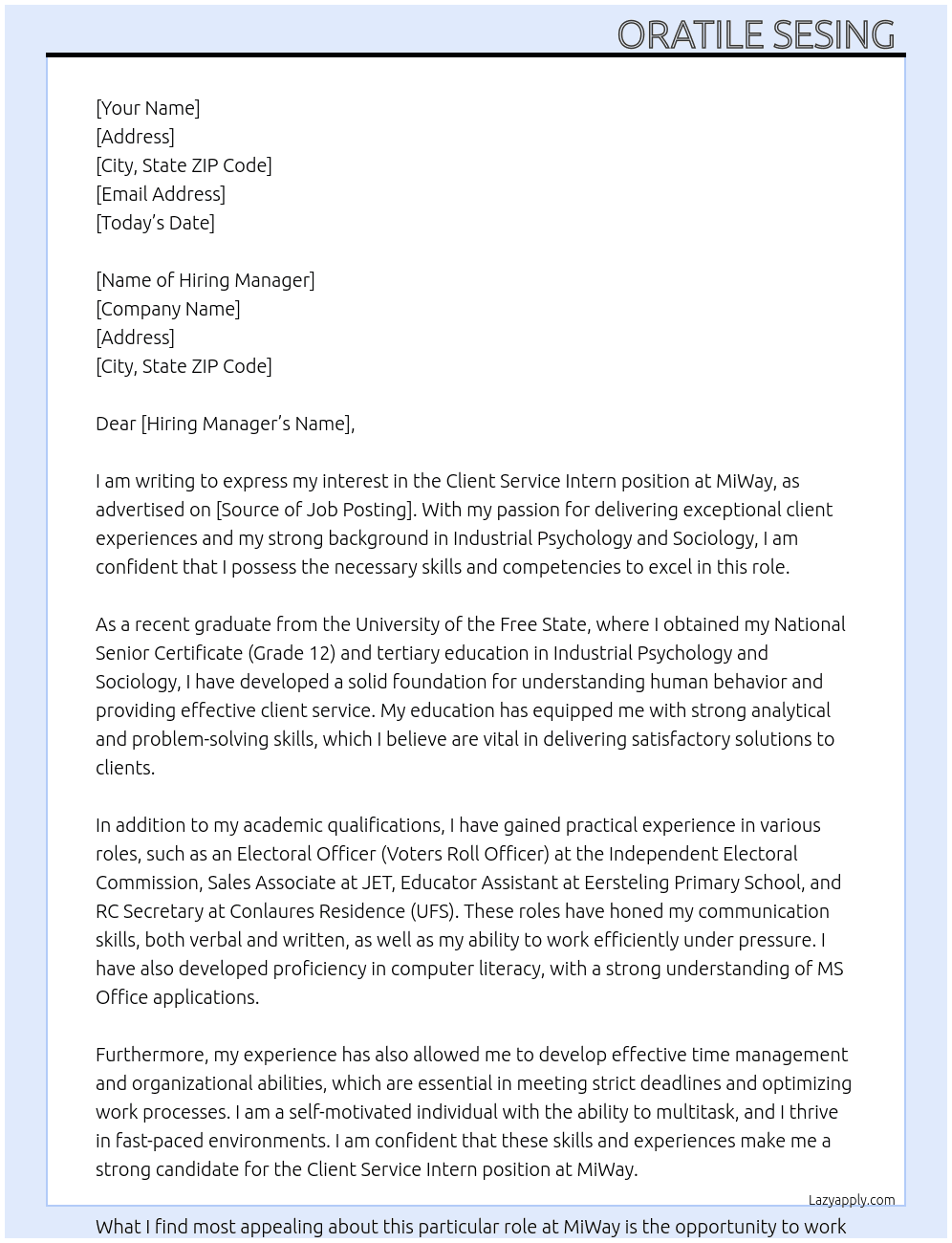 client service intern  At miway  Cover Letter