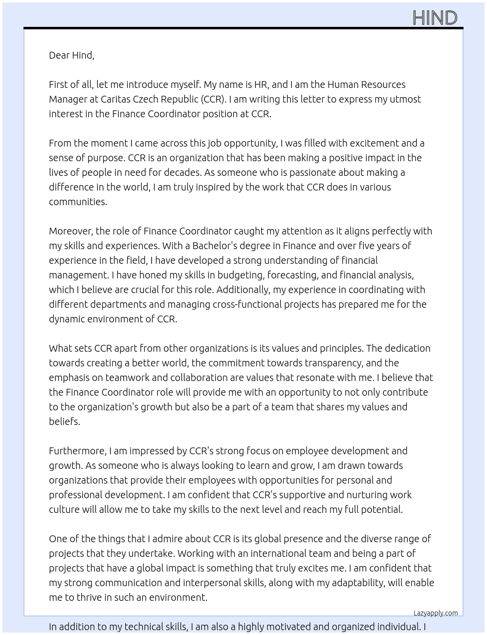 Finance coordinator) At Caritas Czech Republic (CCR) Cover Letter