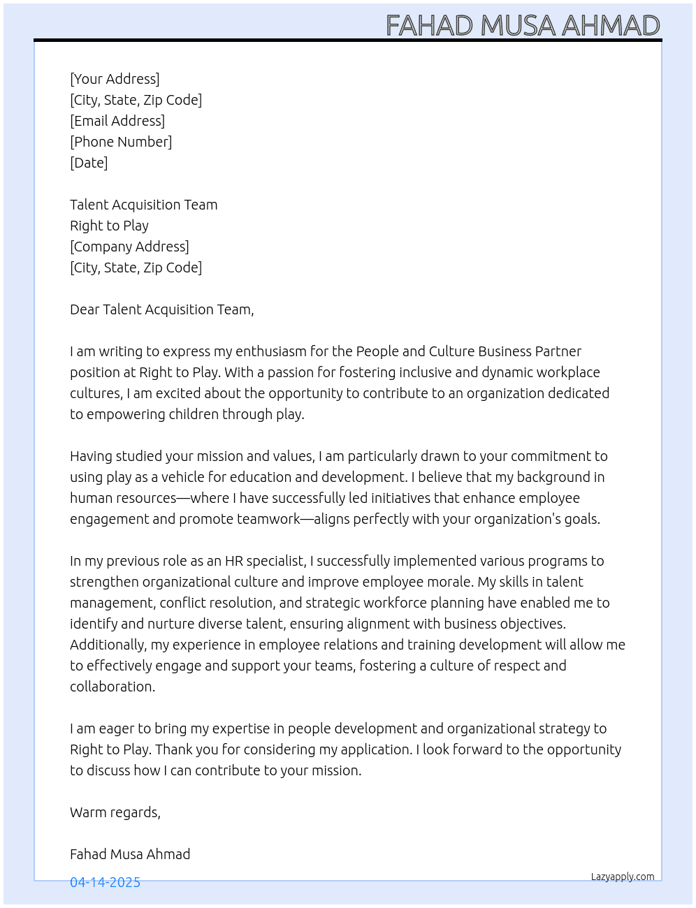 People and Culture Business Partner At Right to Play Cover Letter