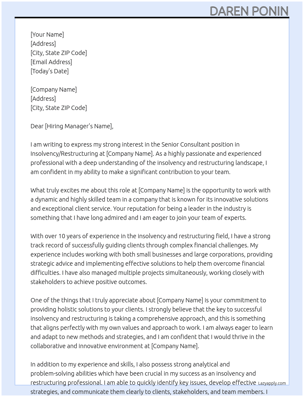Senior Consultant in Insolvency/Restructuring At [Insert] Cover Letter