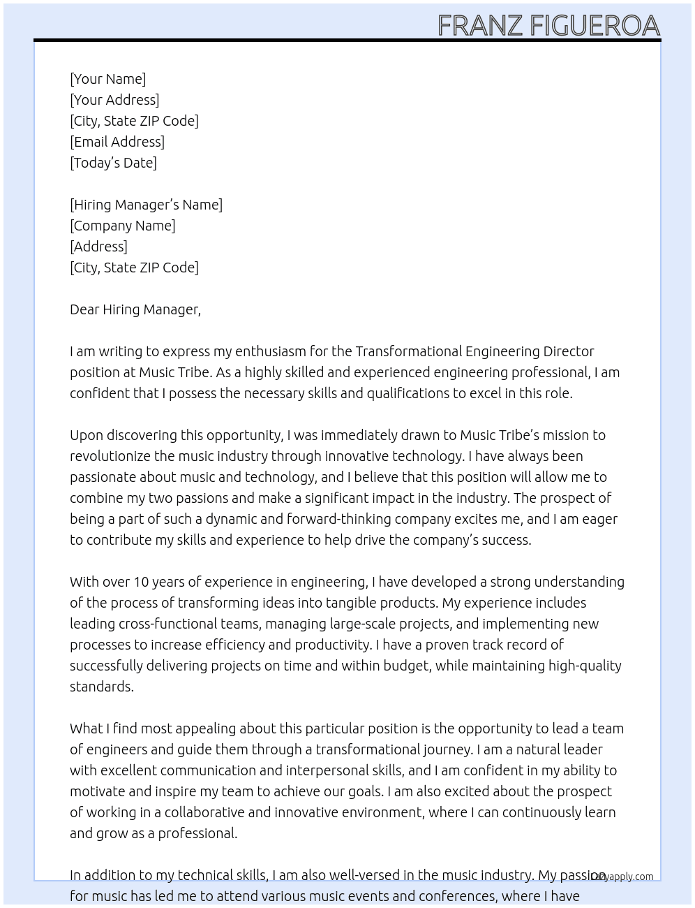 Transformational Engineering Director At Music Tribe Cover Letter