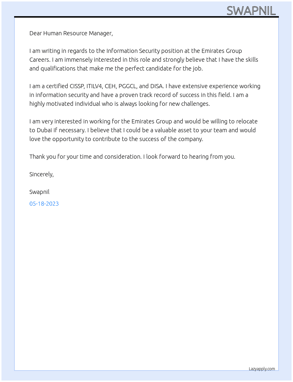 Information Security At Emirates Group Careers Cover Letter