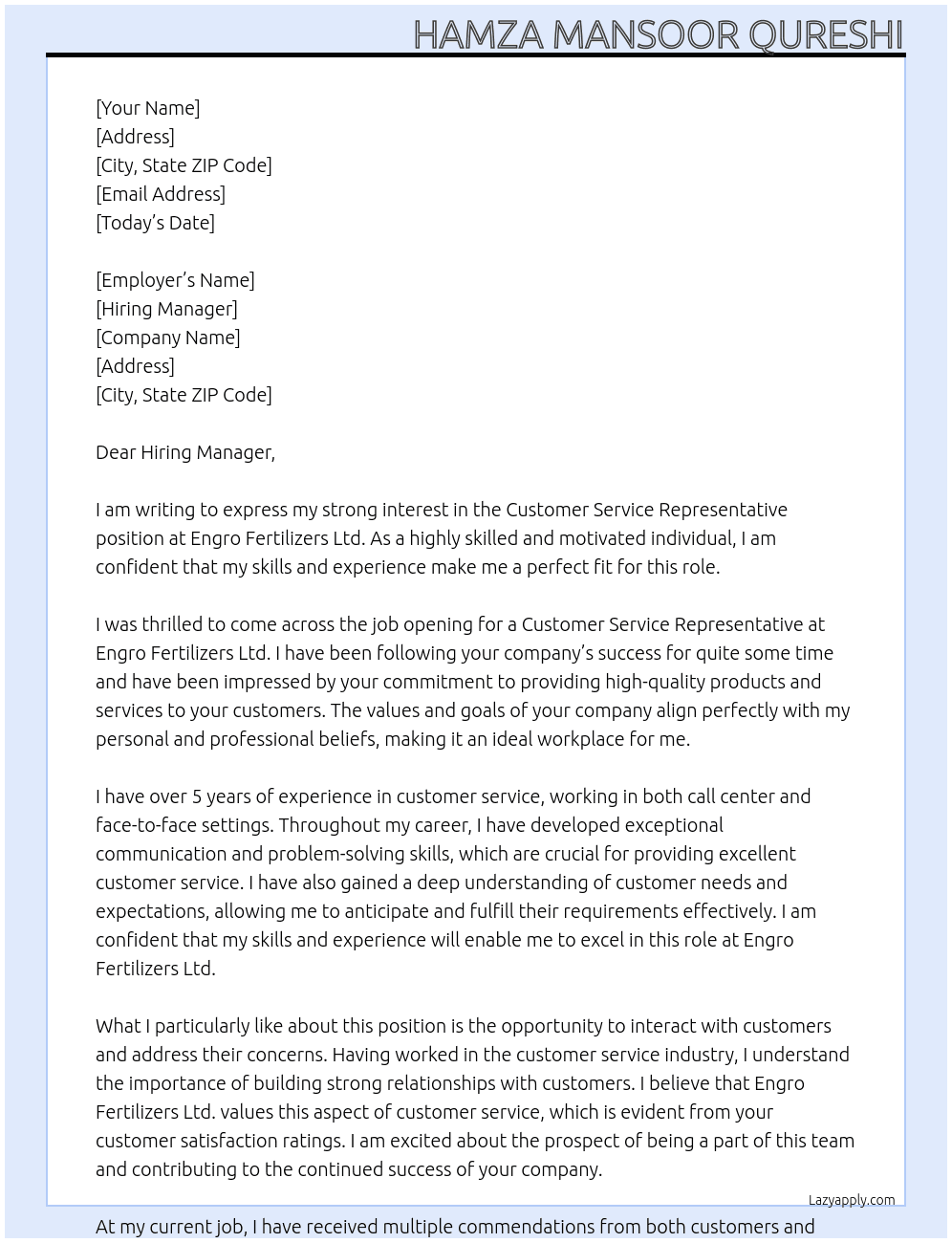 Customer Service rlRepresentative  At Engro Fertilizers Ltd. Cover Letter