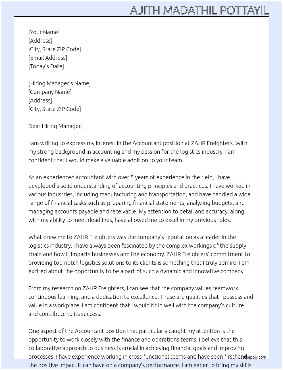 Accountant  At ZAHR Freighters  Cover Letter