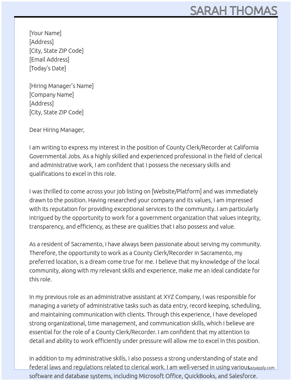 County Clerk/Recorder At California Governmental Jobs Cover Letter