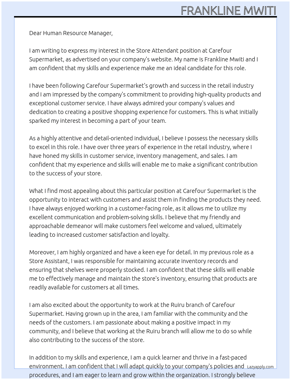 store attendant At carefour supermarket Cover Letter