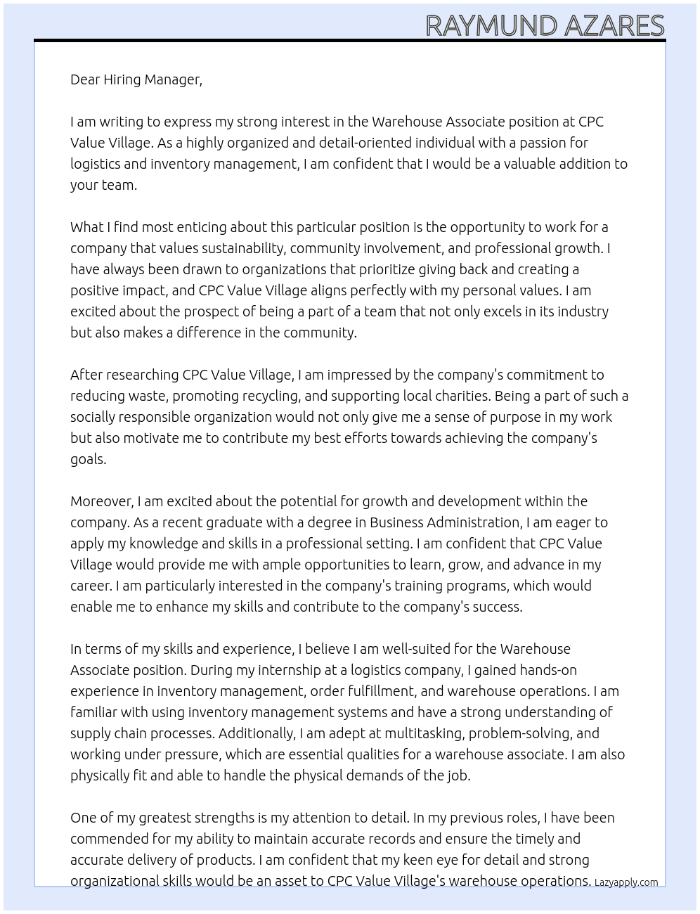 Warhouse Associate At CPC Value Village Cover Letter