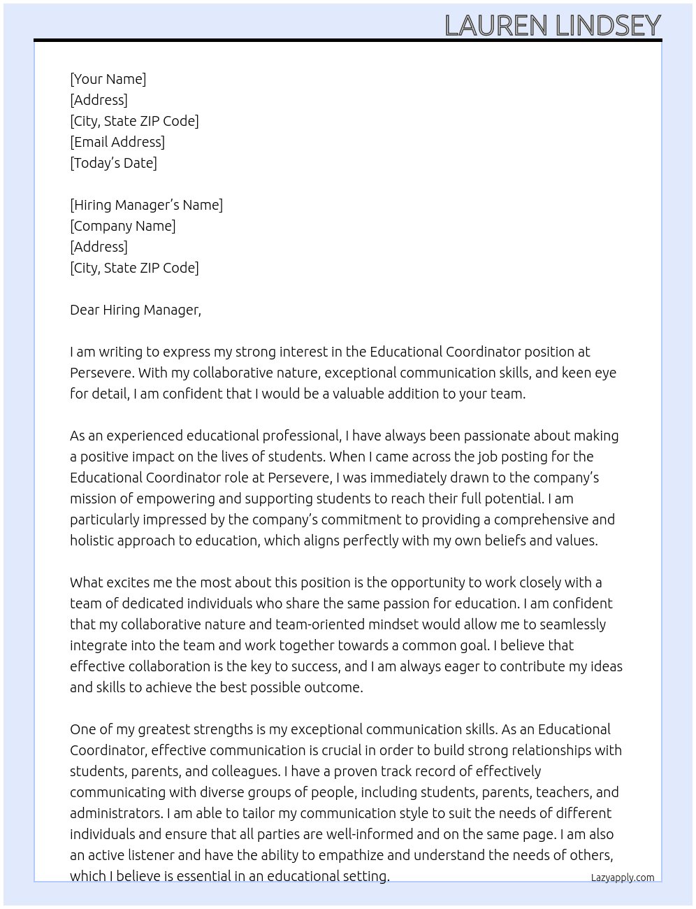 Educational Coordinator At  Persevere Cover Letter