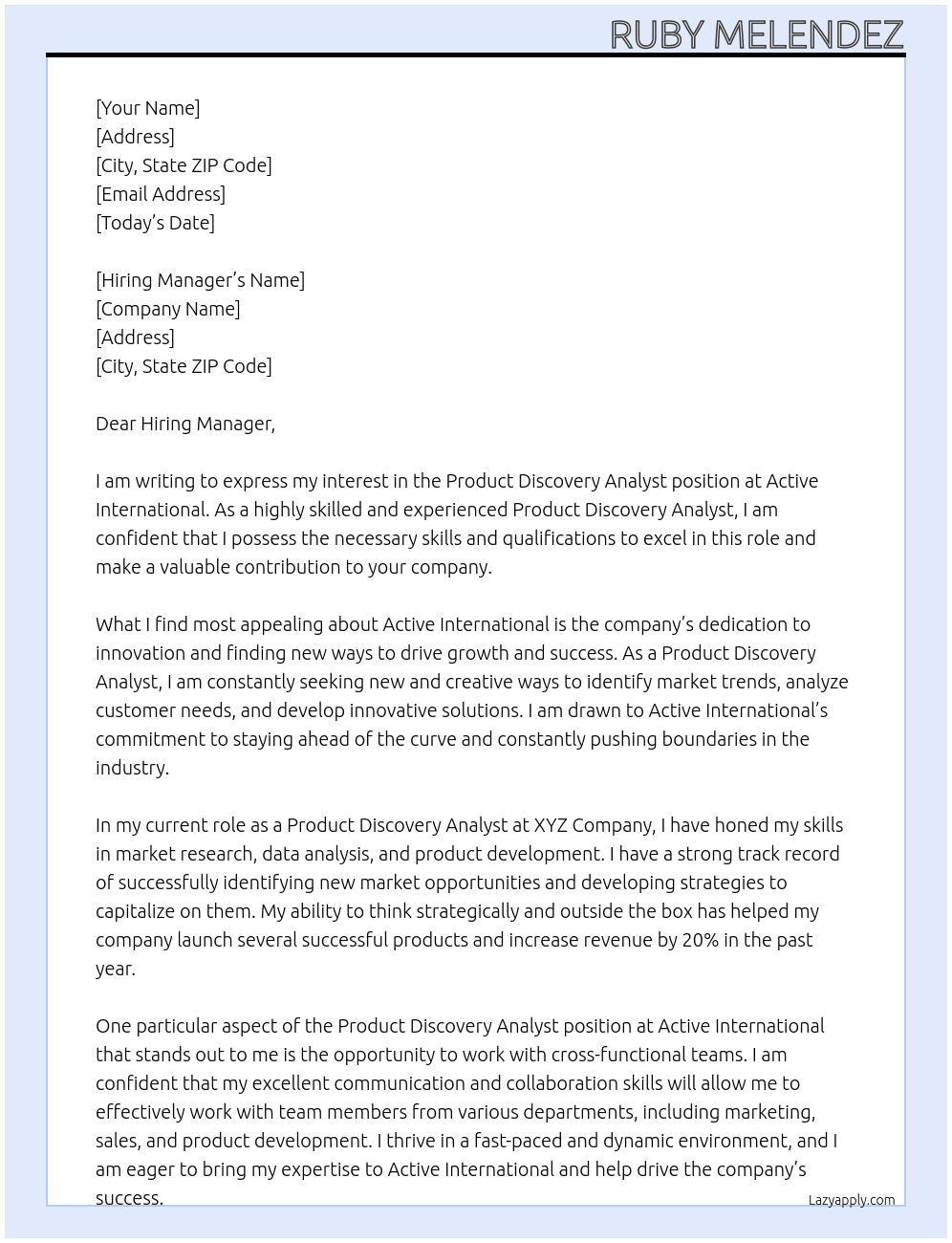Product Discovery Analyst At Active International Cover Letter