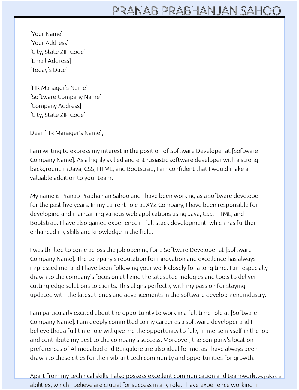 Software developer  At Software company  Cover Letter