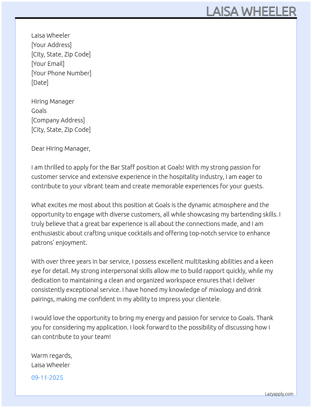 Bar Staff At Goals  Cover Letter