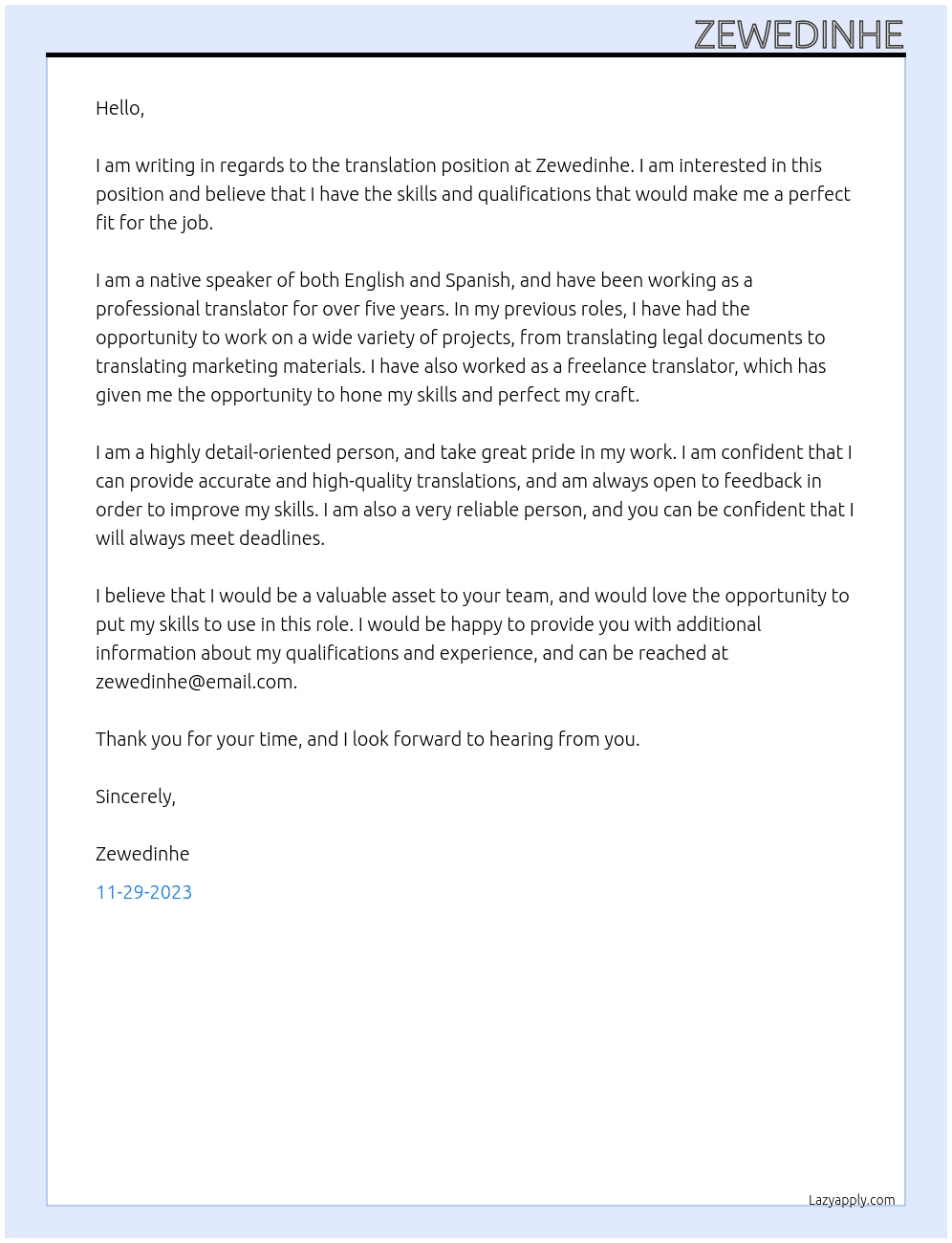 translation At Zewedinhe Cover Letter
