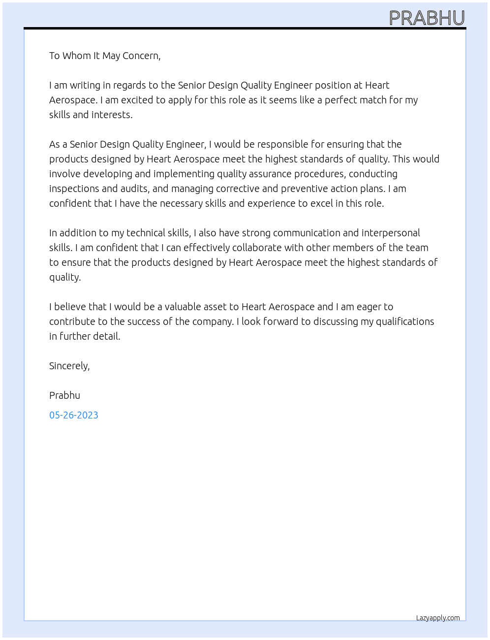 Senior Design Quality Engineer At Heart Aerospace Cover Letter