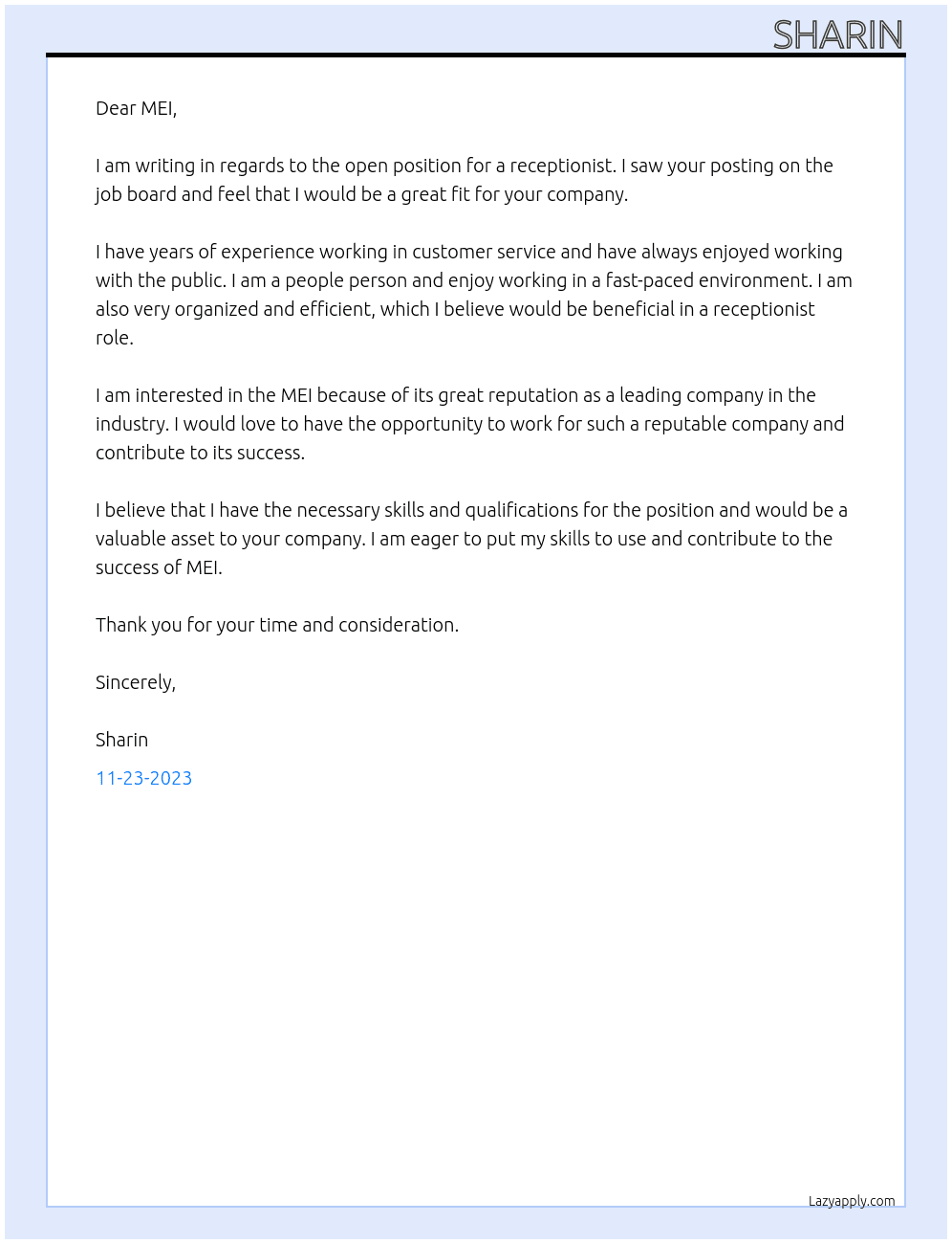 receptionist At MEI Cover Letter