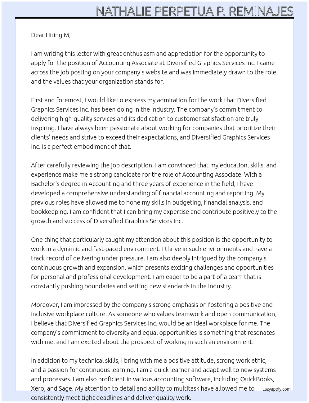 Accounting Associate At Diversified Graphics Services Inc. Cover Letter