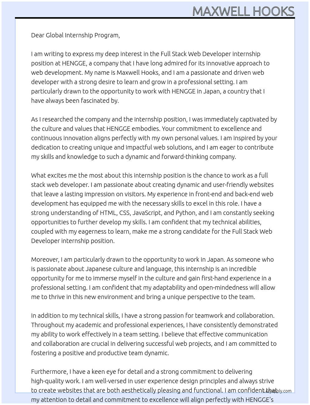 FULL STACK WEB DEVELOPER At HENGGE Cover Letter