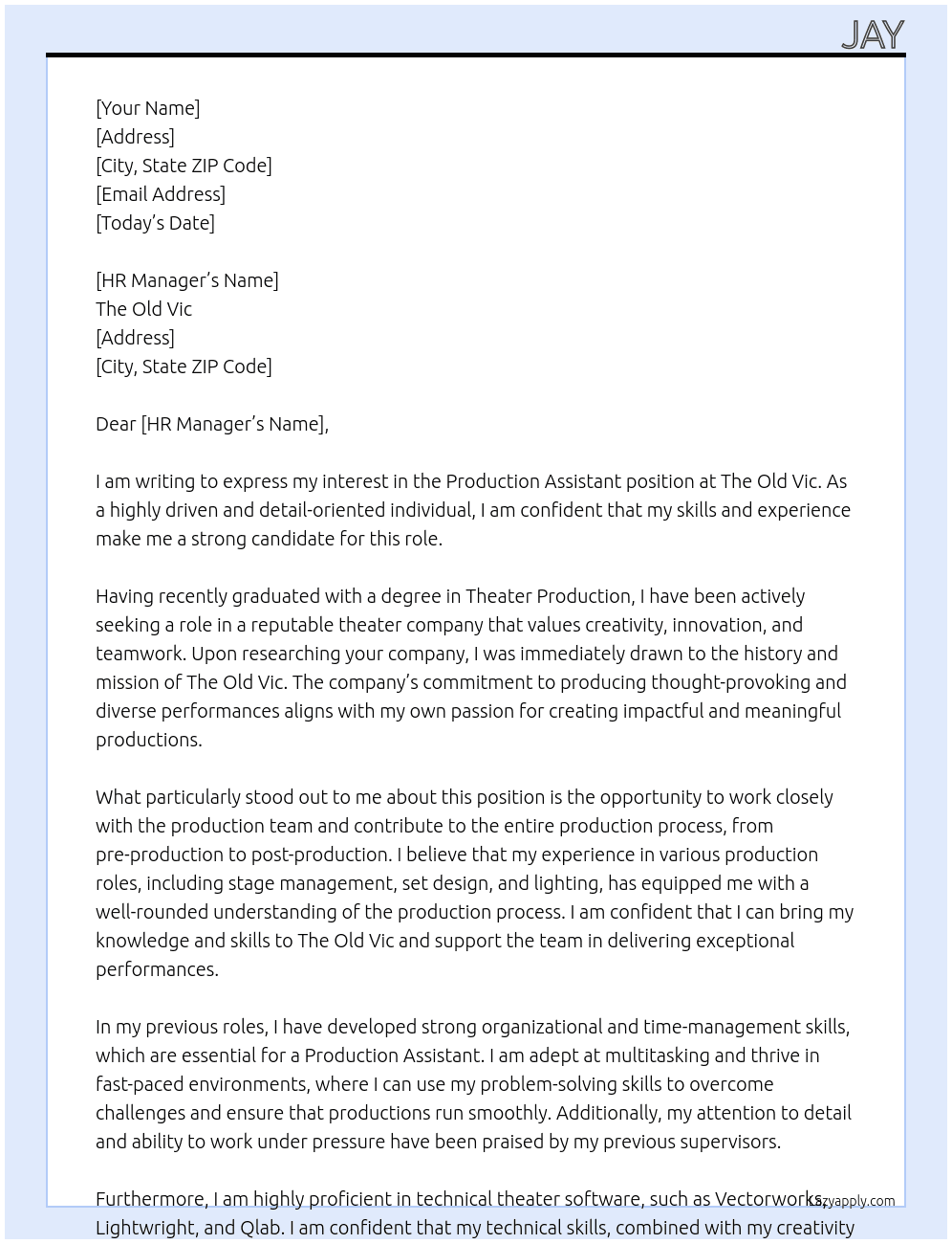 Production Assistant At The Old Vic Cover Letter