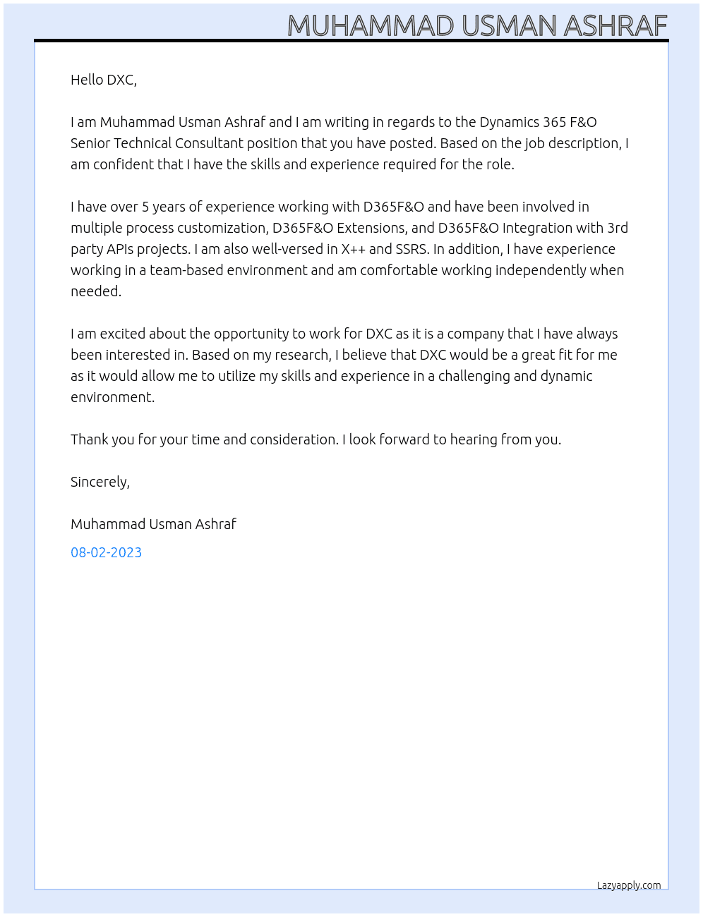 Dynamics 365 F&O Senior Technical Consultant At DXC Cover Letter