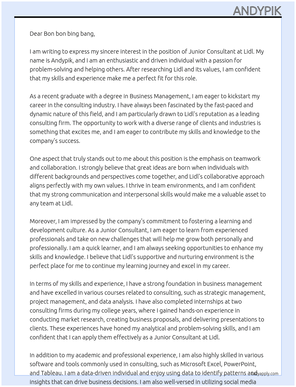 Junior Consultant At Lidl Cover Letter