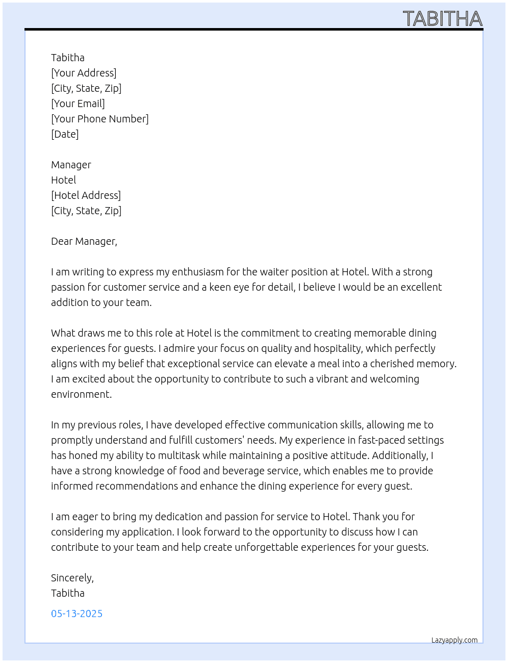 waiter At hotel Cover Letter