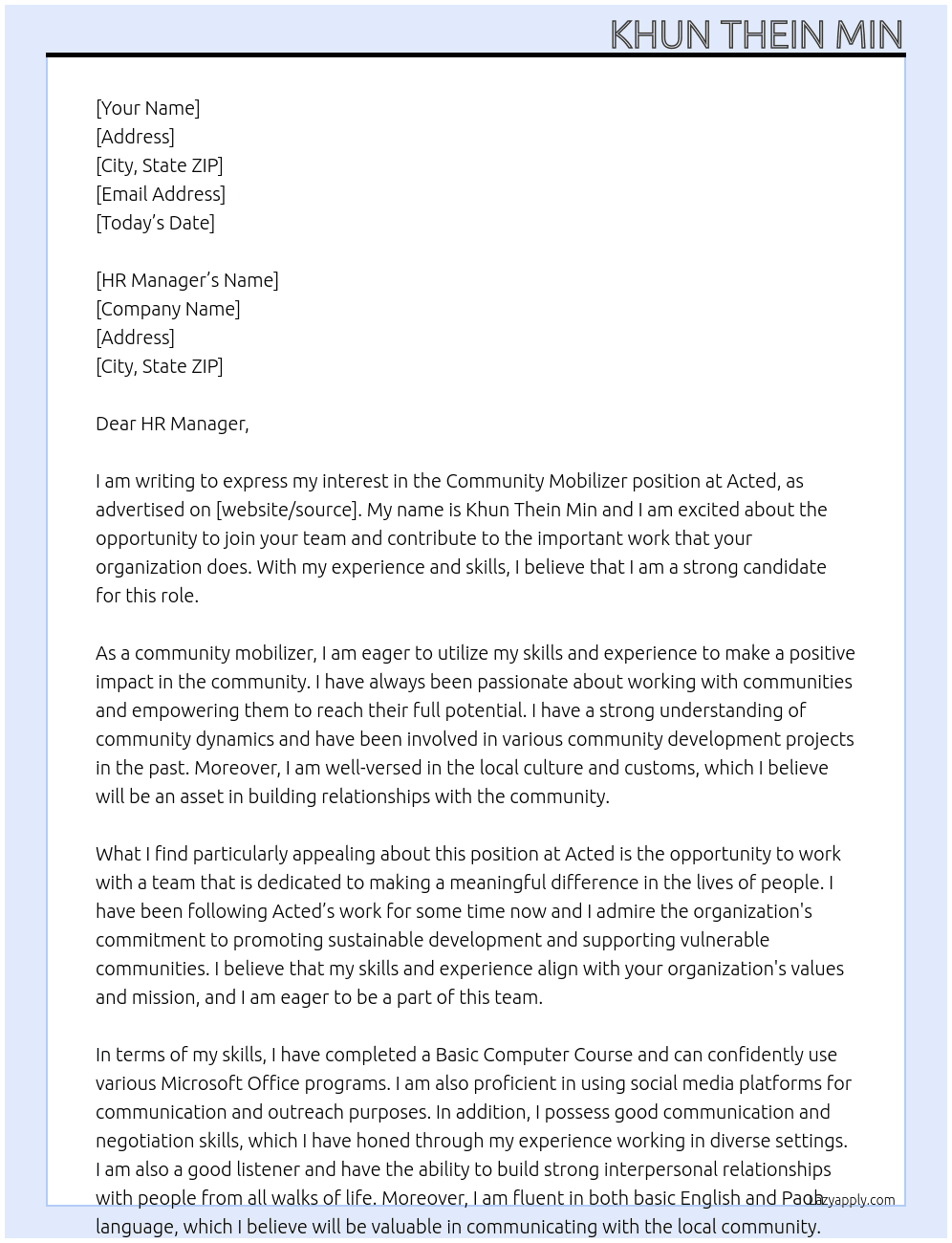 Community Mobilizer At Acted Cover Letter