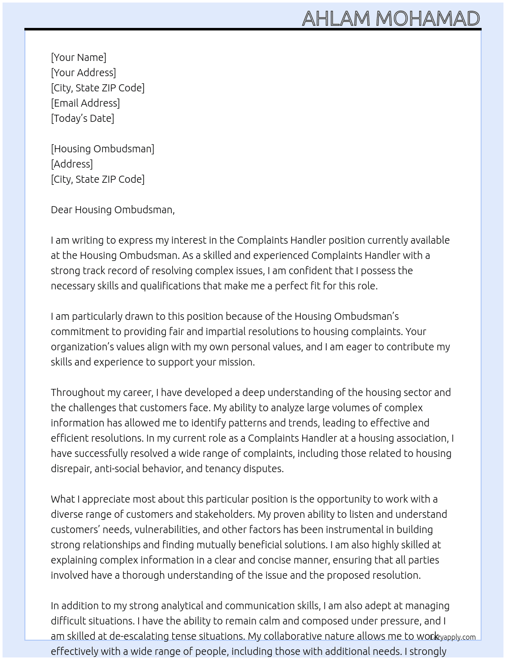 Complaints Handler At Housing Ombudsman Cover Letter