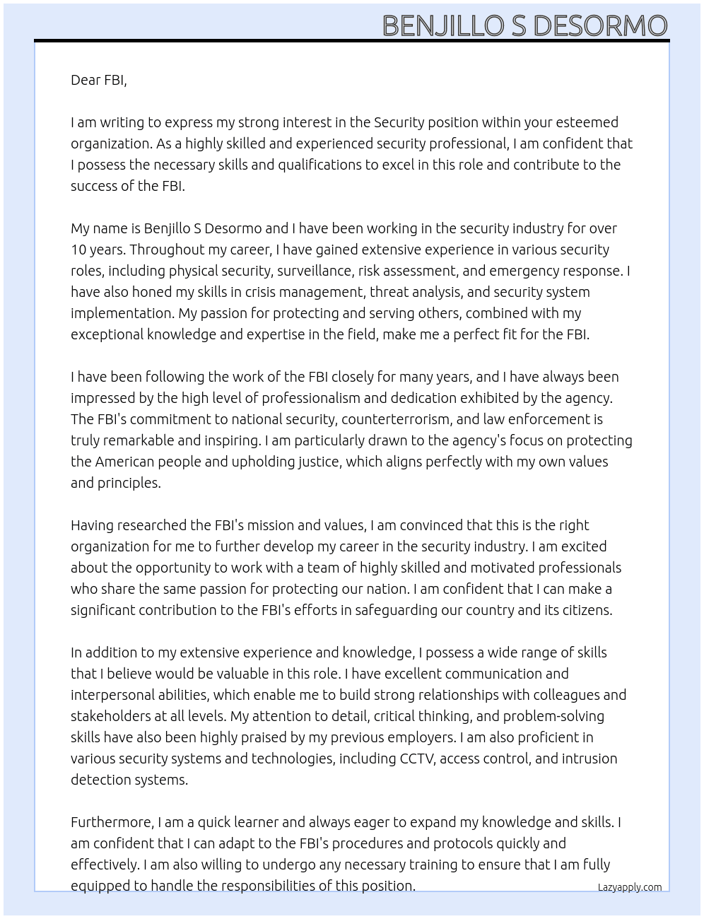 security At fbi Cover Letter
