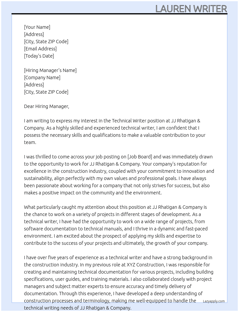 Technical writer At JJ Rhatigan & Company Cover Letter