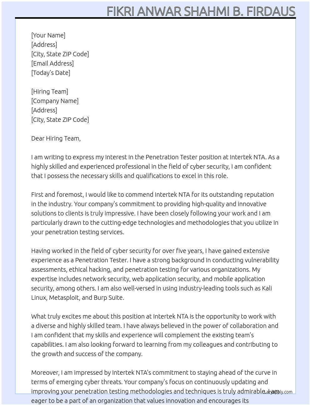 Penetration tester At Intertek NTA Cover Letter