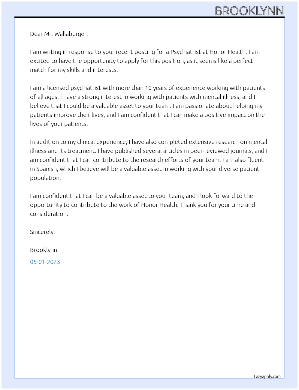Psychiatrist At Honor Health Cover Letter