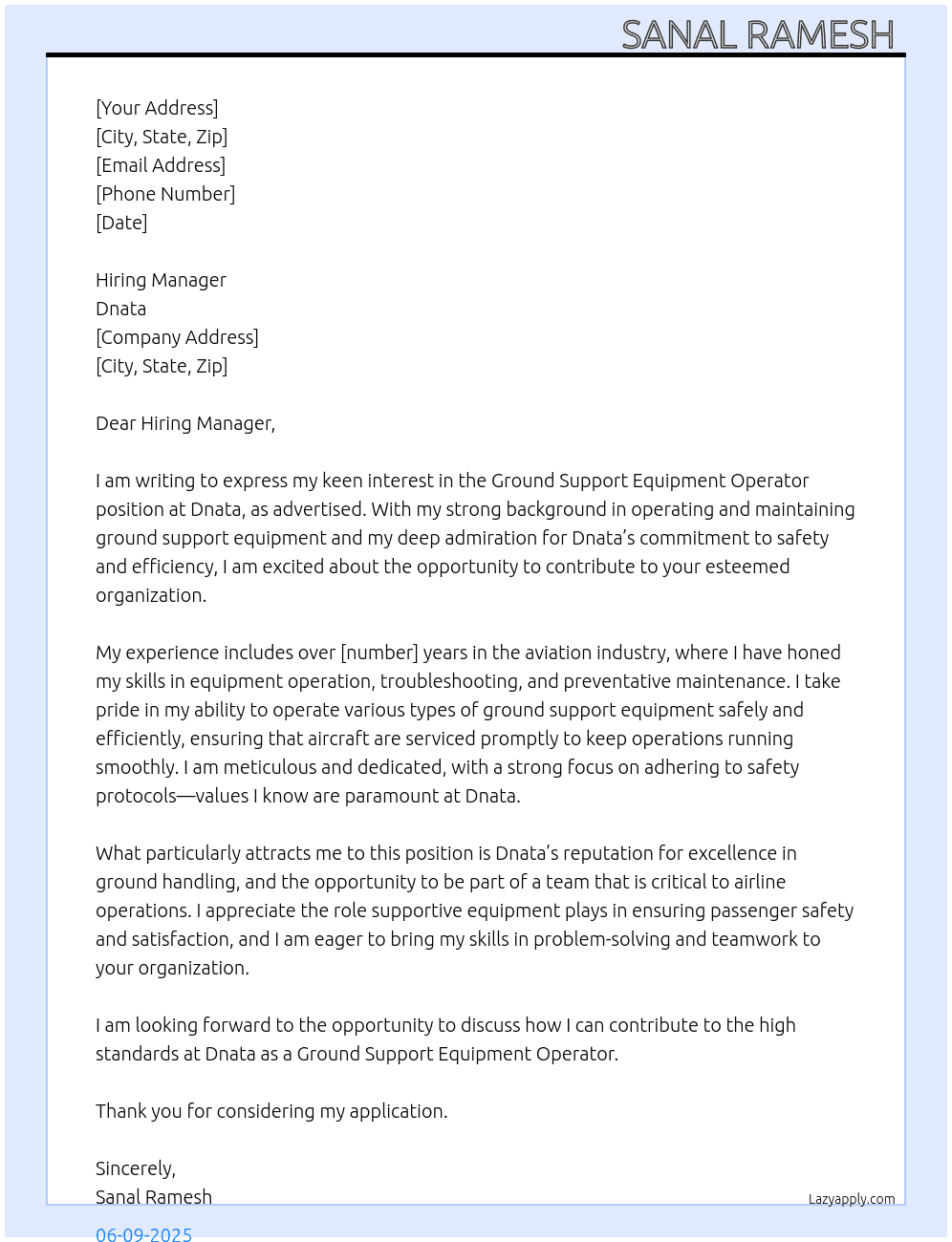 Cover letter for ground support equipment operator - LazyApply