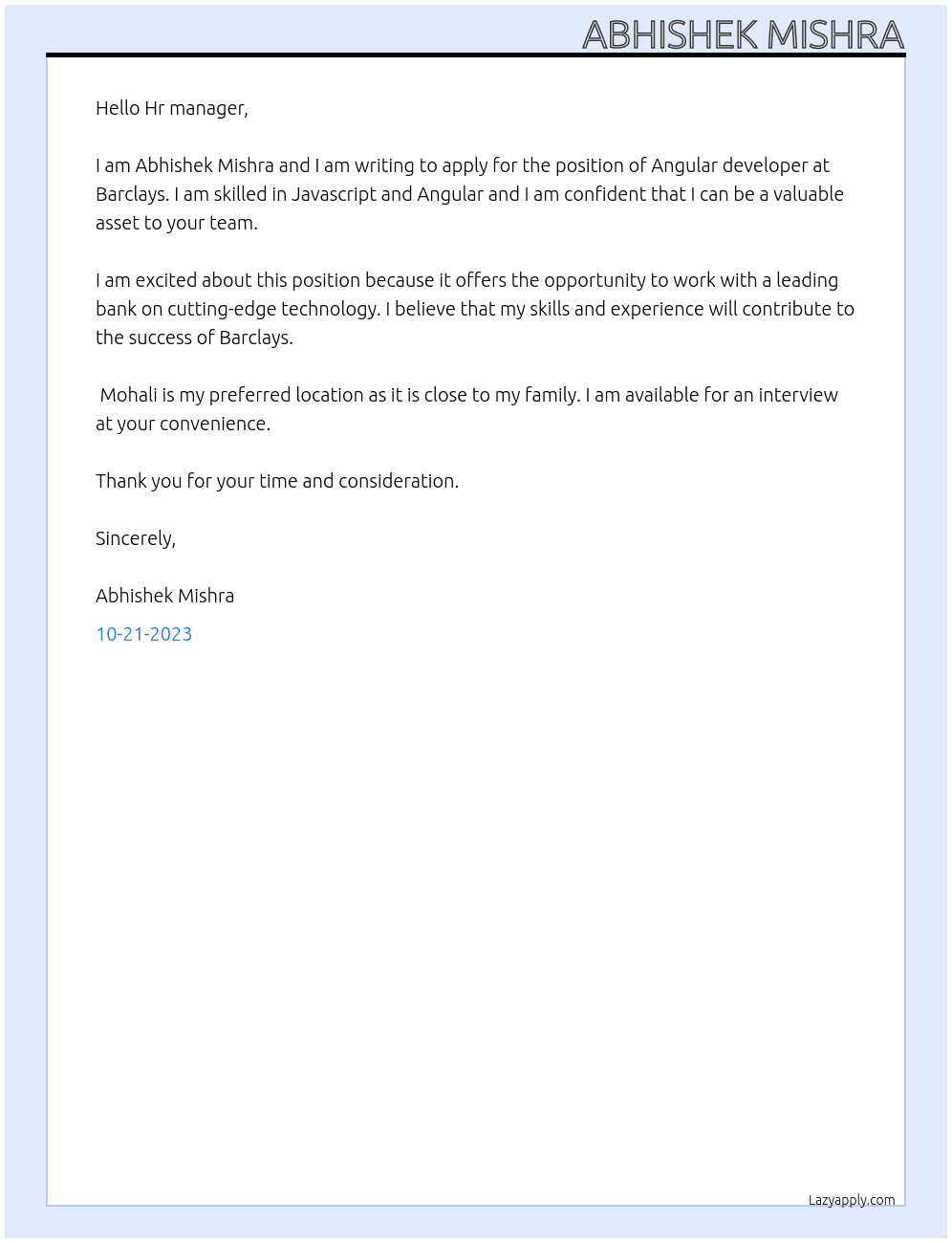 Angular developer  At Barclays  Cover Letter