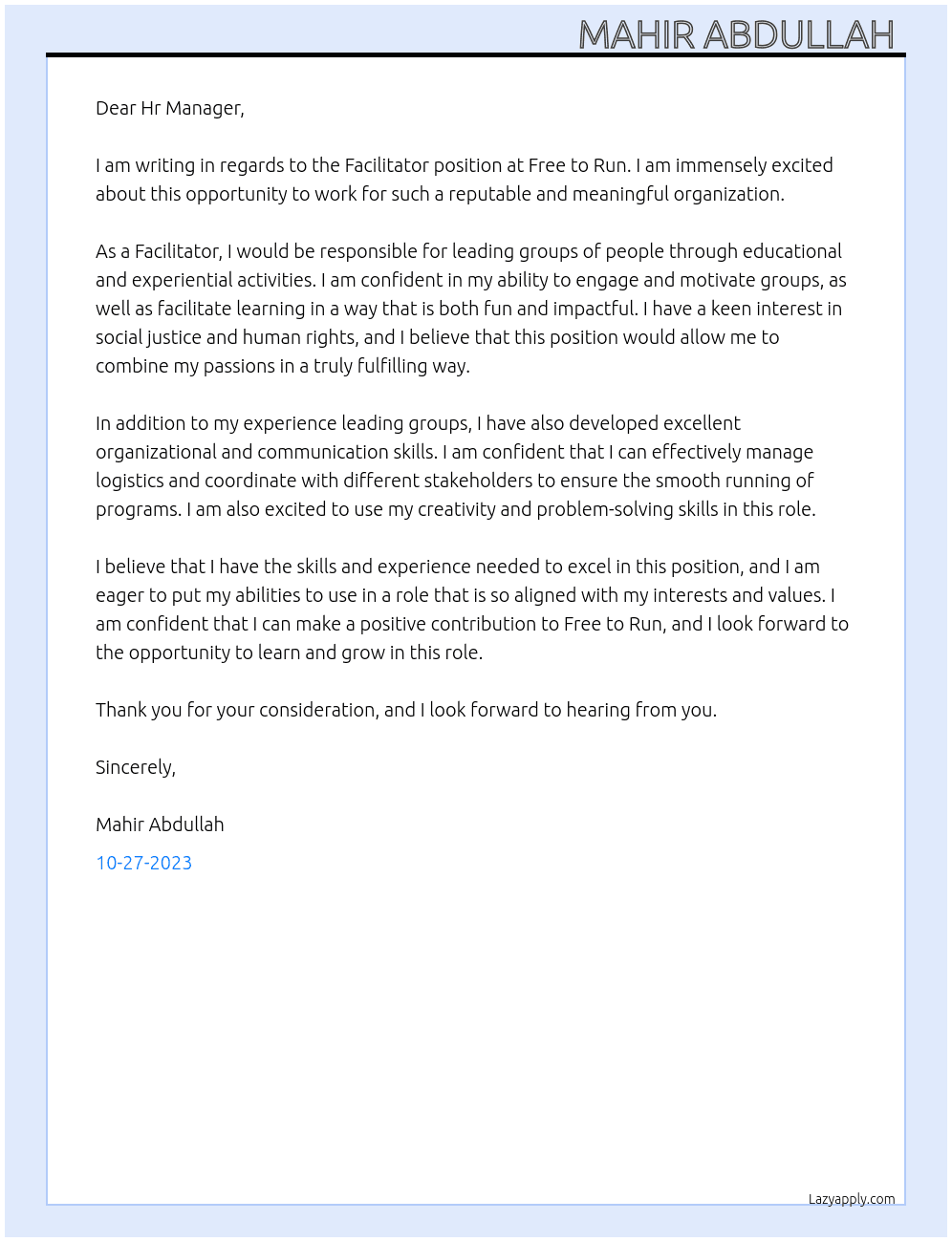 Facilitator  At Free to Run Cover Letter