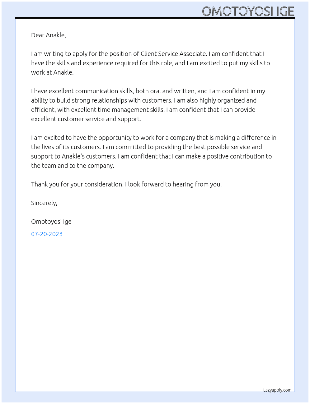 Client service associate  At Anakle Cover Letter