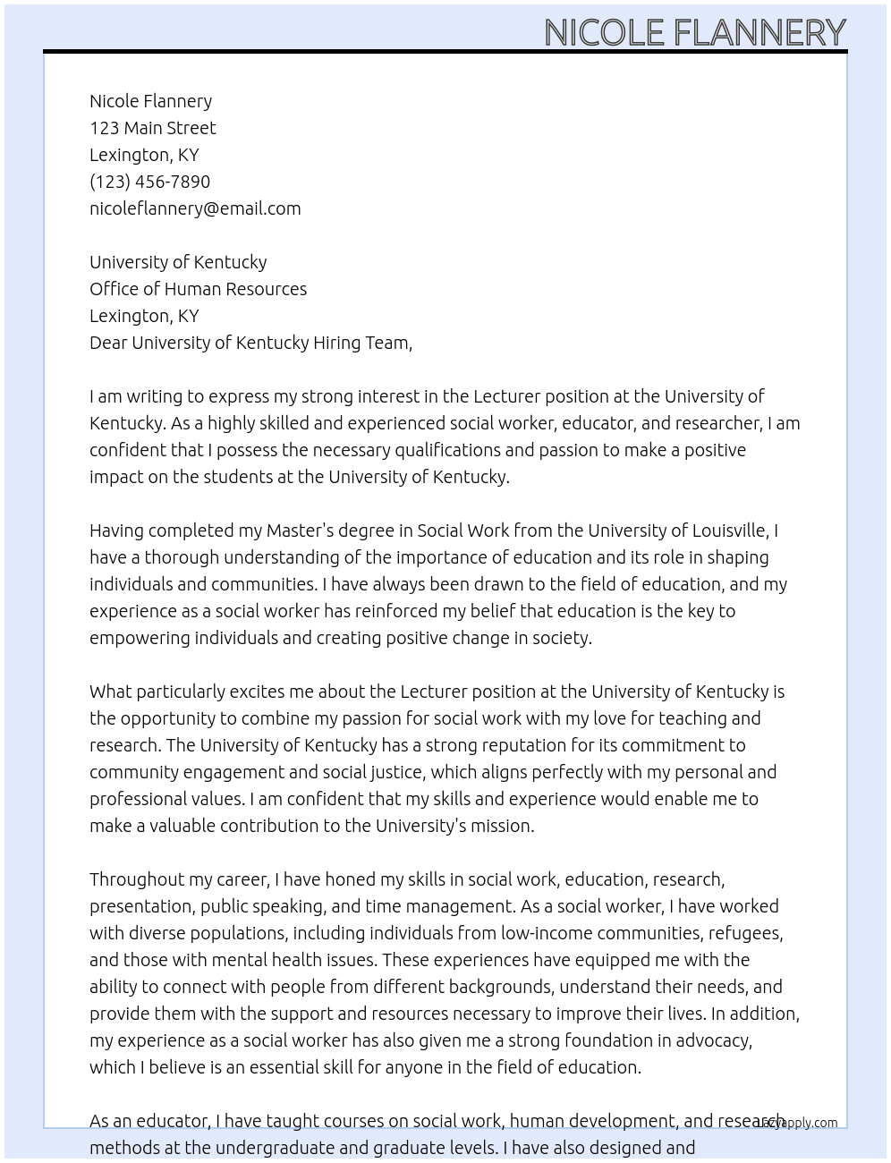 Lecturer At University of Kentucky Cover Letter