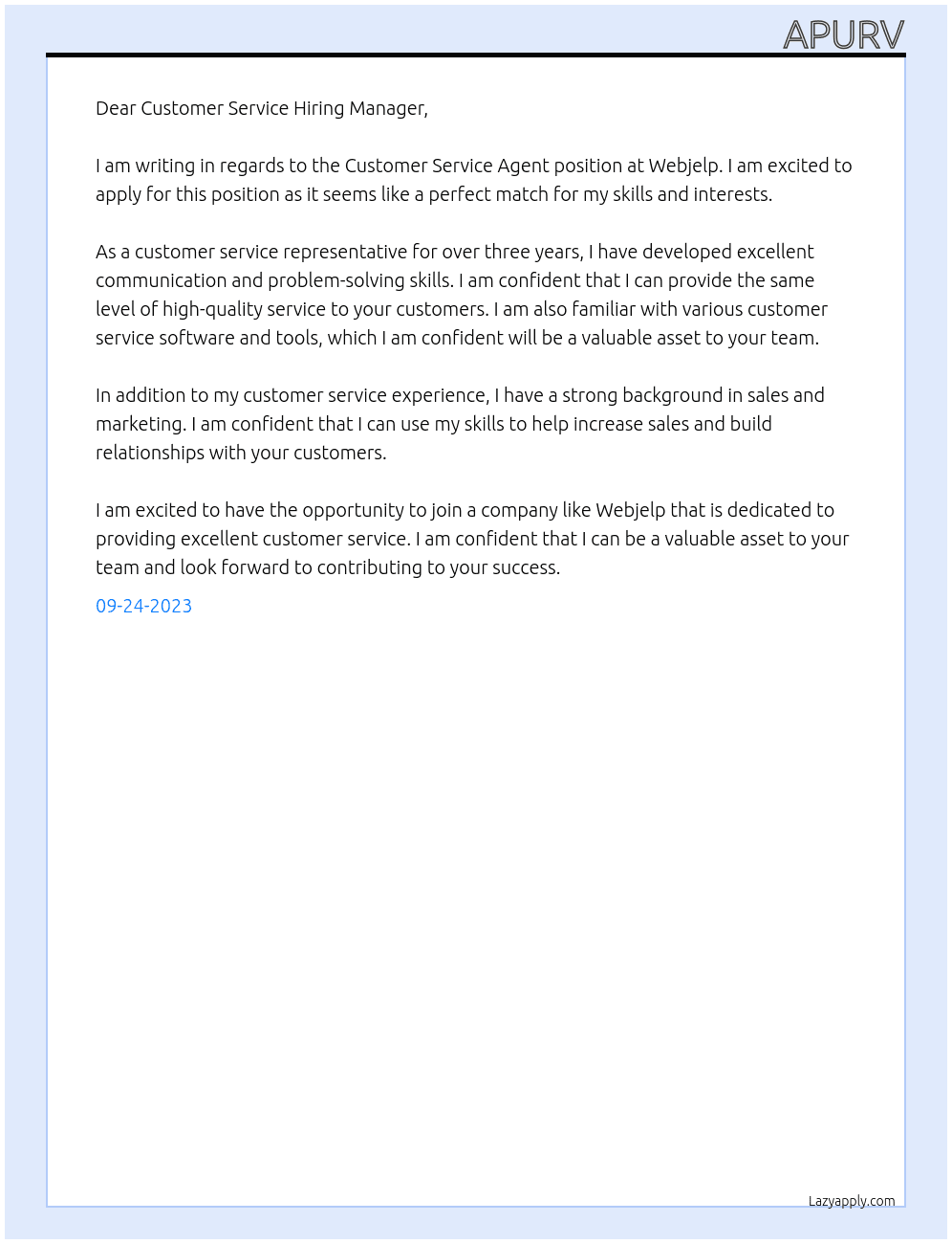 Customer service agent At Webjelp Cover Letter