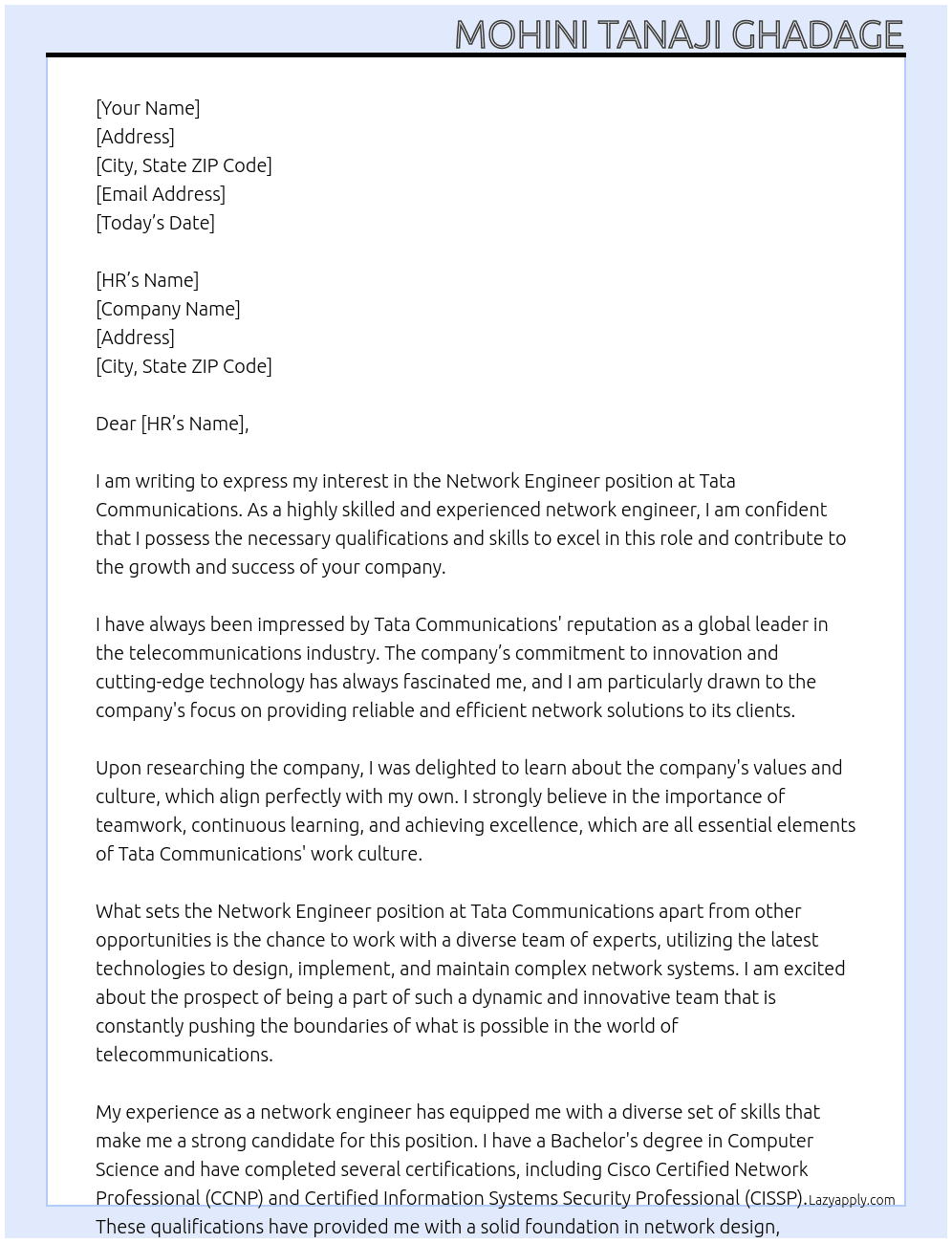 Network Engineer At Tata Communications Cover Letter