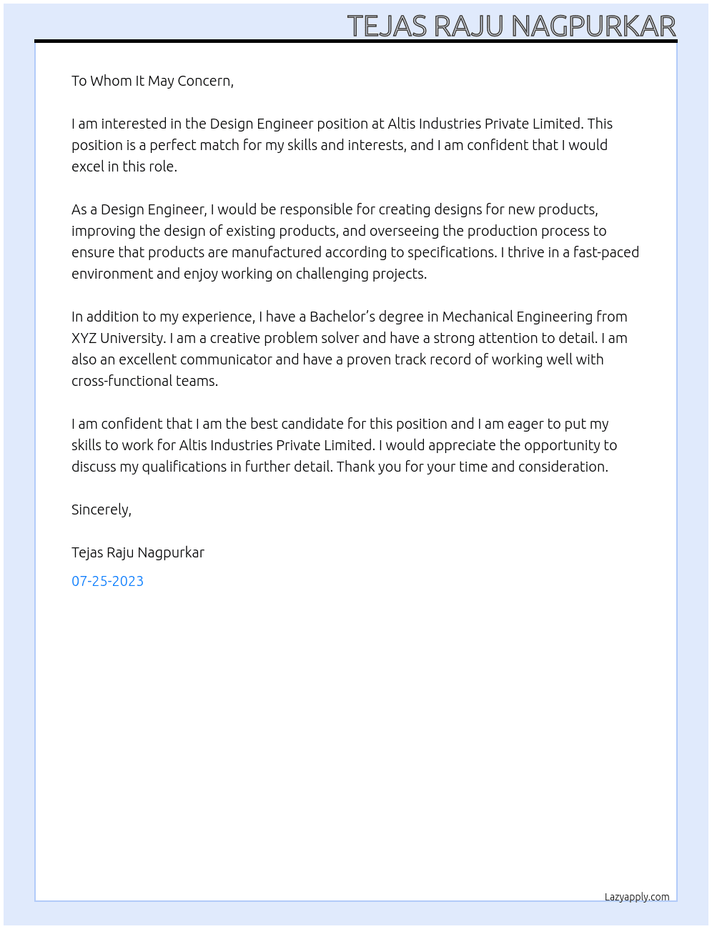 Design Engineer At Altis industries private limited Cover Letter