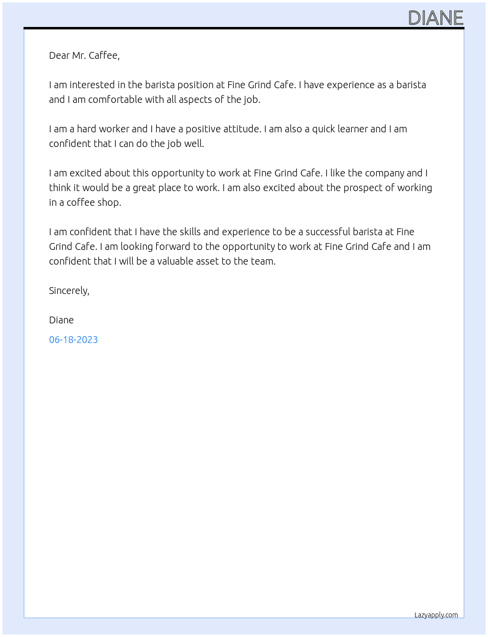 barista At fine grind cafe Cover Letter