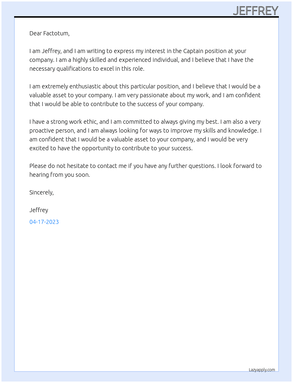 Captain At Factotum Cover Letter